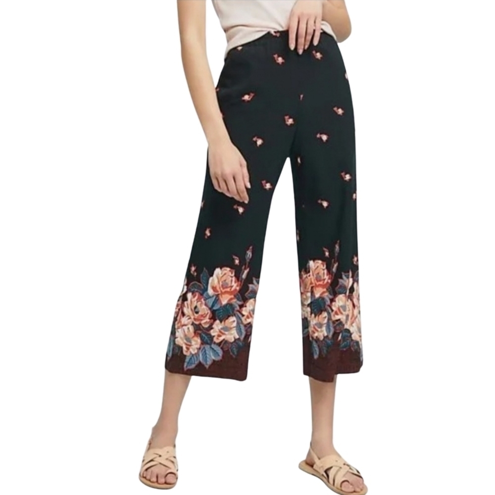 Anthropologie Ett Twa Black Floral Cropped Wide Leg Pants Womens Size XS Petite - Picture 2 of 16